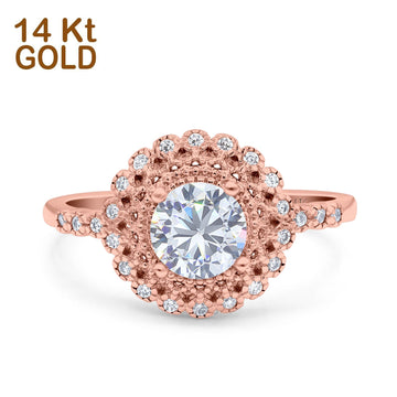 14K Rose Gold Halo Art Deco Round Bridal Wedding Engagement Ring Simulated CZ Size-7